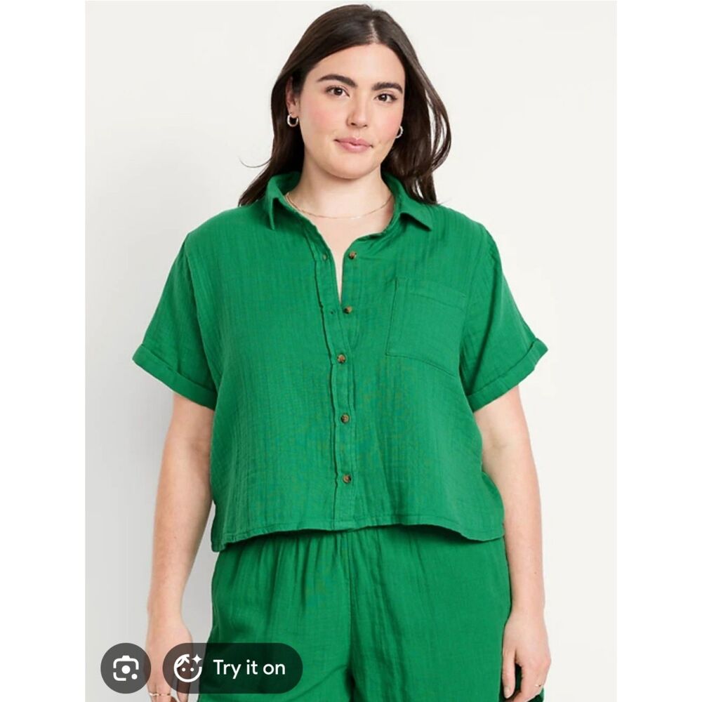Old Navy Crinkle Gauze Loose Button-Down Shirt Collared Summer Green Women XL